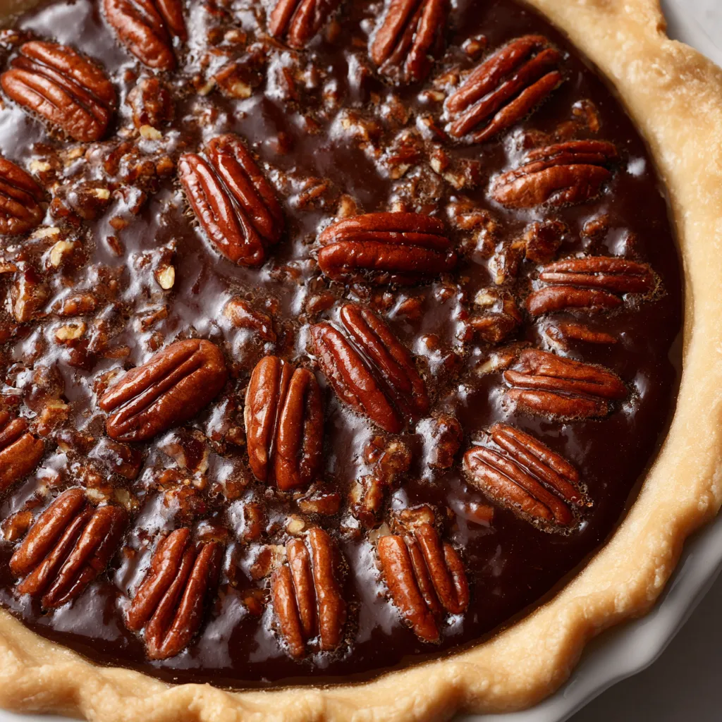 A chocolate pie with pecans.