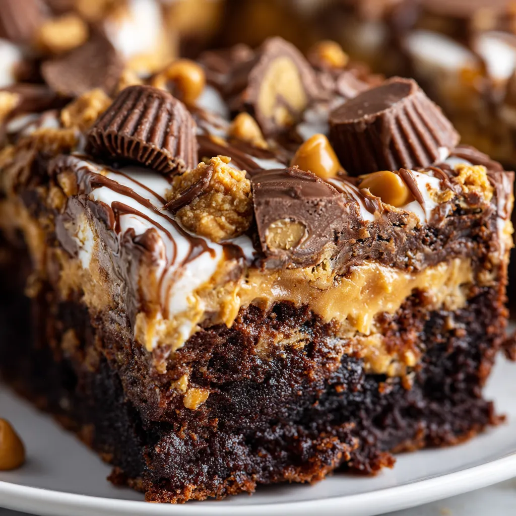 A slice of a peanut butter cup dump cake.
