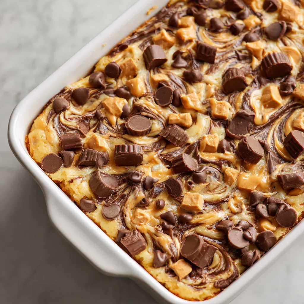 A white bowl filled with a chocolate and peanut butter dessert.