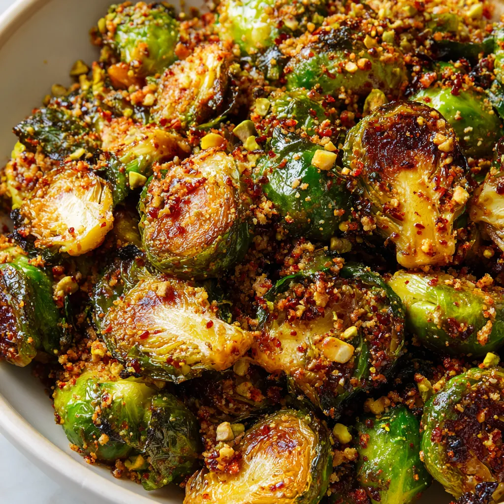 A bowl of hot-honey pistachio Brussels.