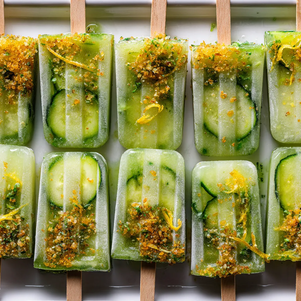 A row of cucumber popsicles on a stick.