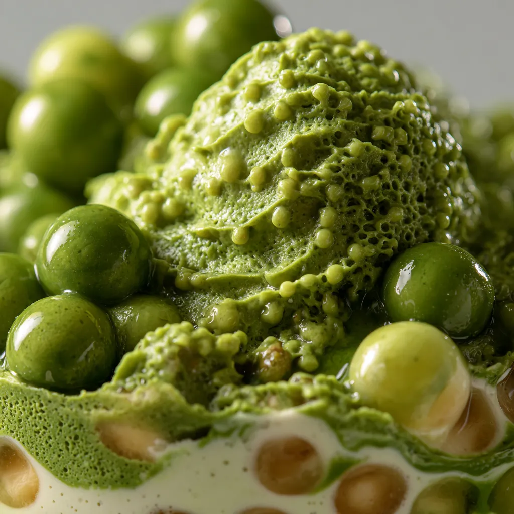 A close up of a green dessert with a pistachio topping.