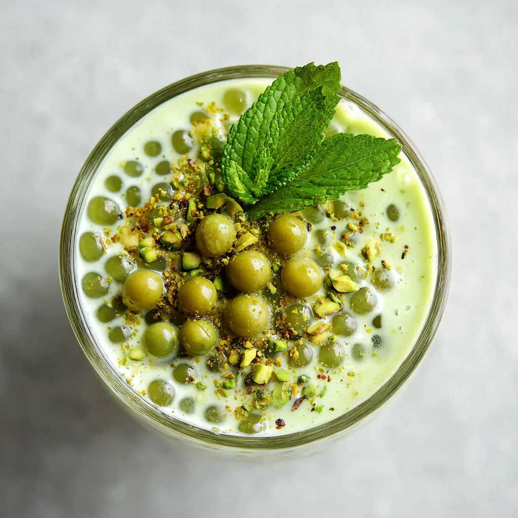 A glass of green smoothie with mint leaves.