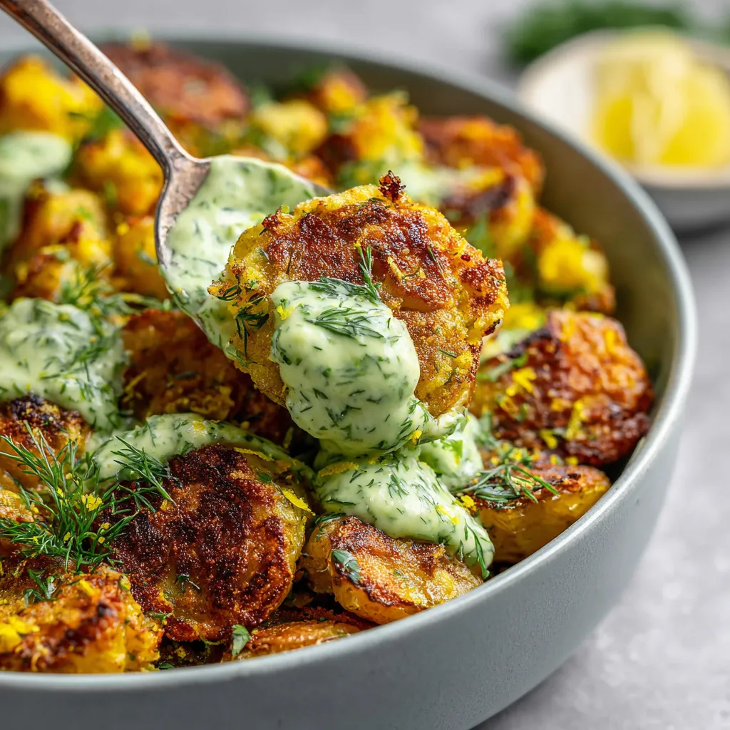 A dill-green goddess potato smash in a bowl.