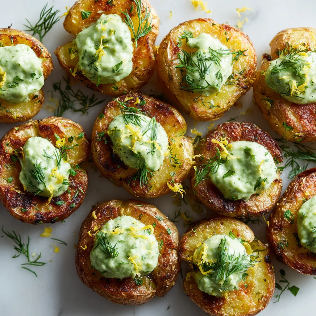 Potato wedges with sauce and herbs.