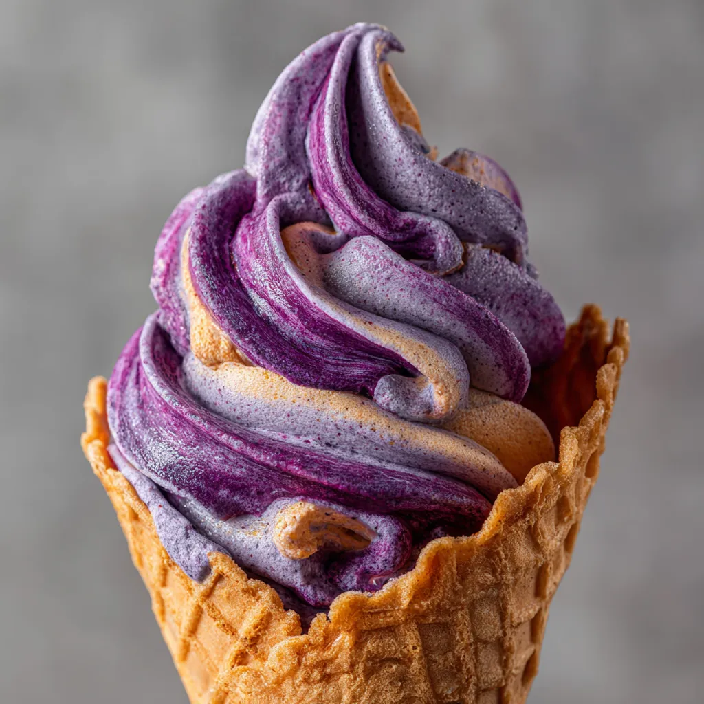 A purple soft serve ice cream cone.