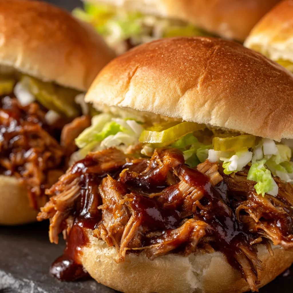 A close up of a pulled pork sandwich with cola sauce.