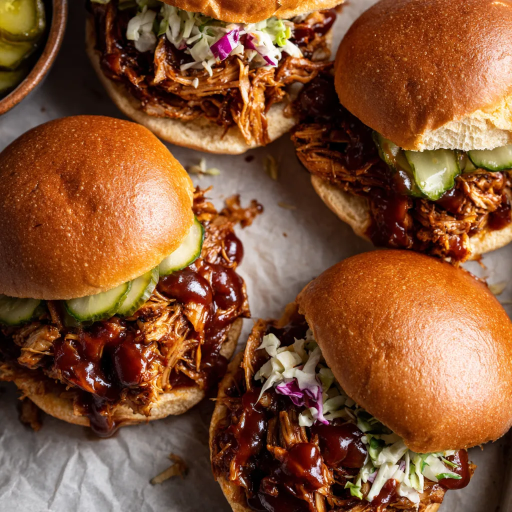 A plate of BBQ sandwiches with sauce.