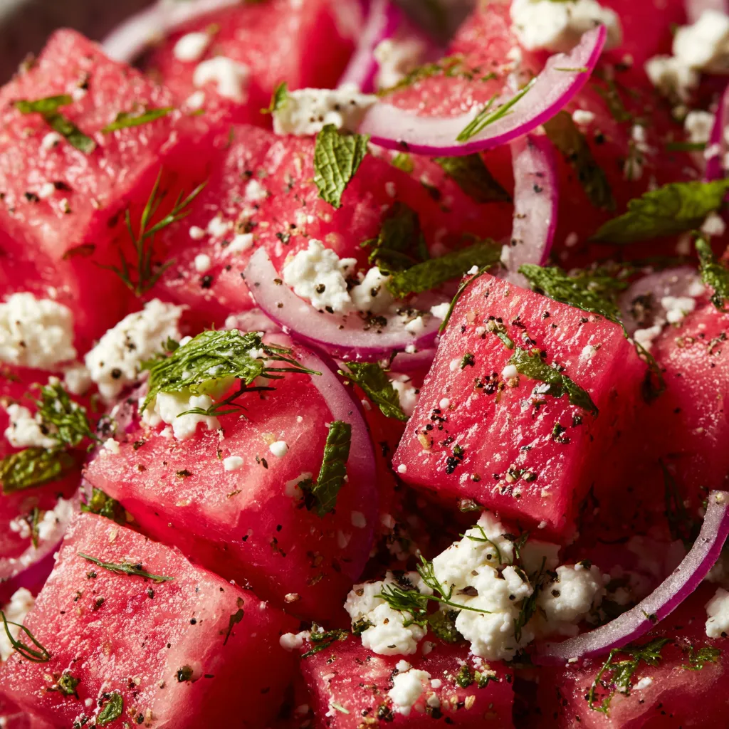 A salad made with watermelon, onions, and feta cheese.