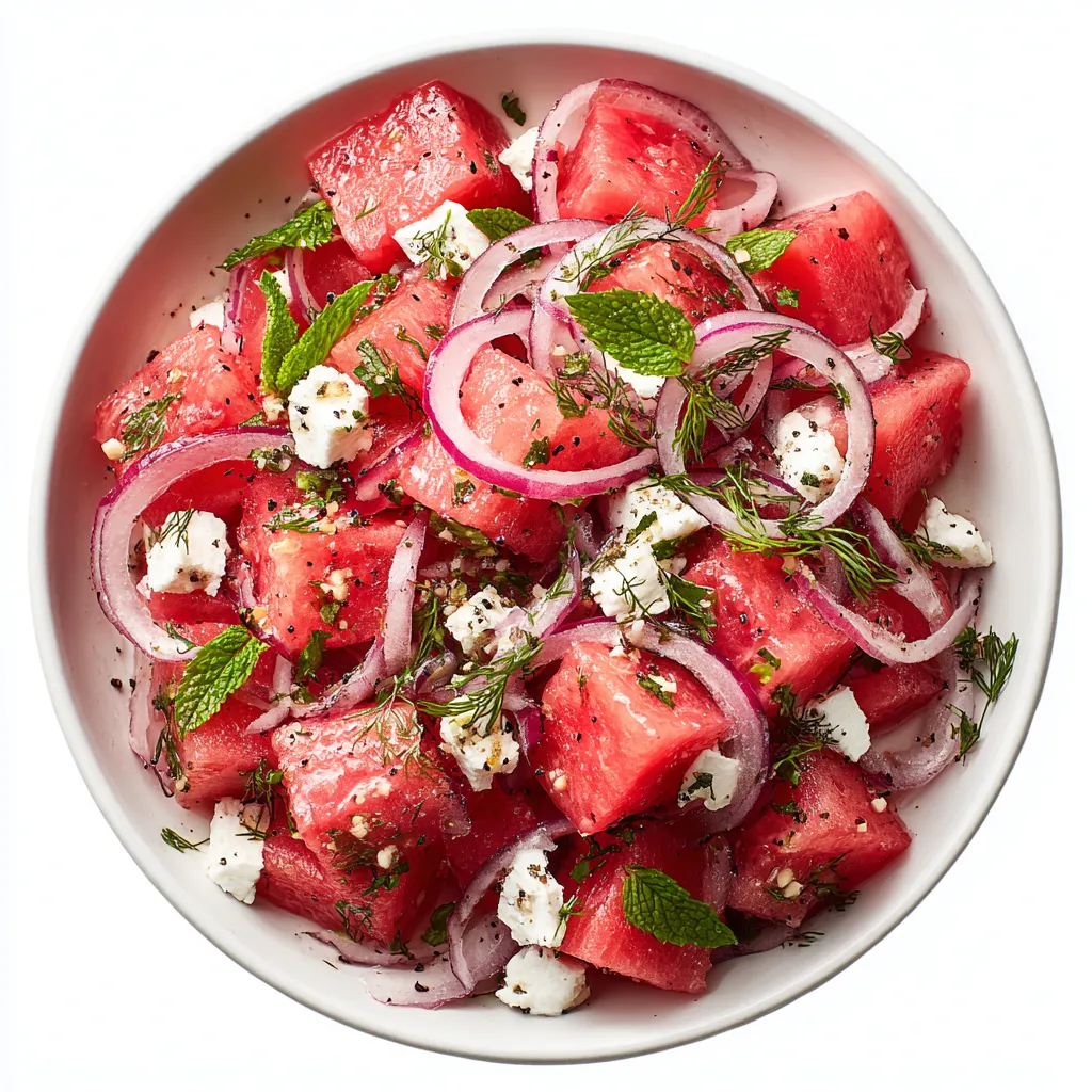A bowl of watermelon with onions and feta cheese.