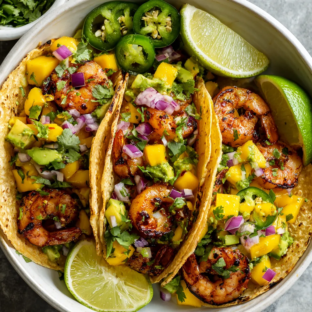 A bowl of shrimp tacos with mango salsa.