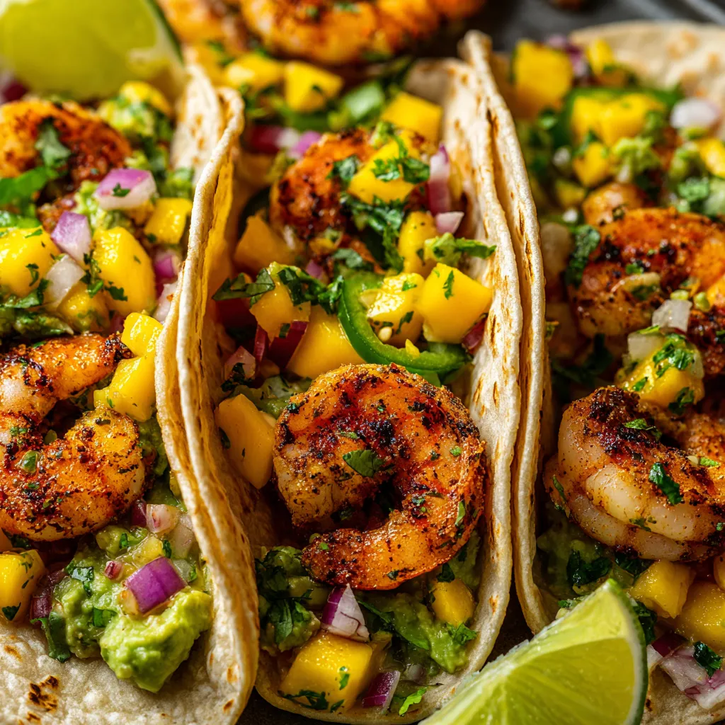 Two tacos with shrimp and pineapple.