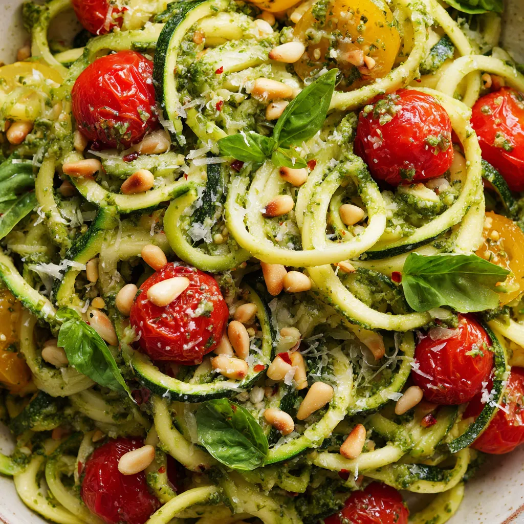 A bowl of zucchini noodles with pesto.