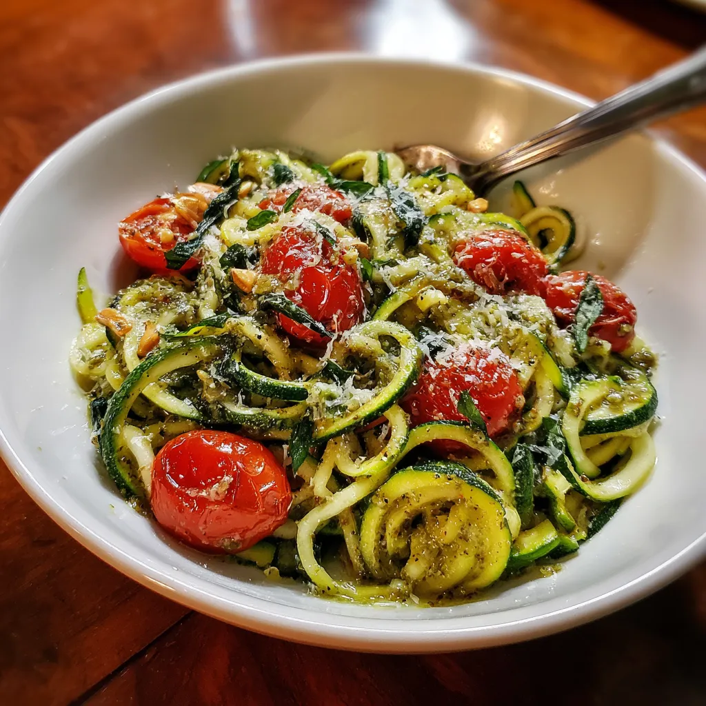 A bowl of pasta with tomatoes and zucchini.