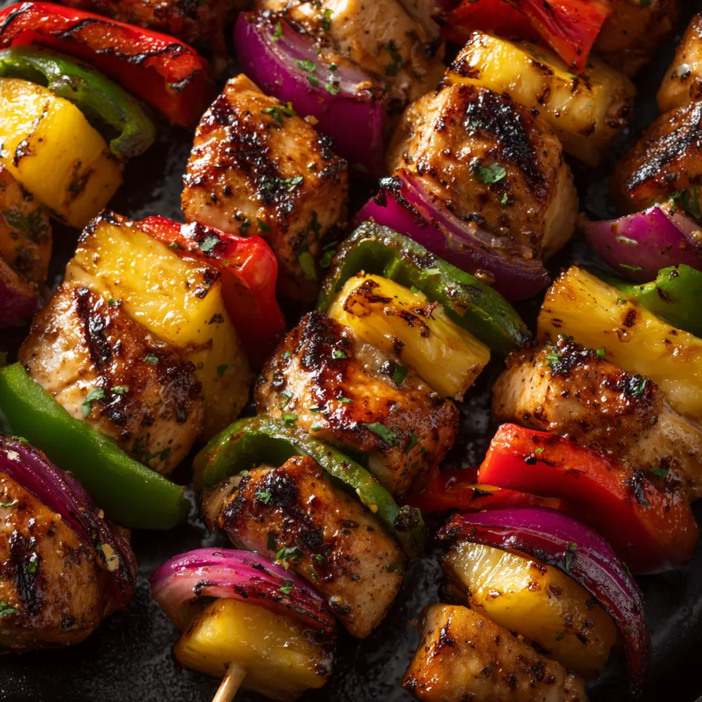 Grilled chicken skewers with pineapple and peppers.