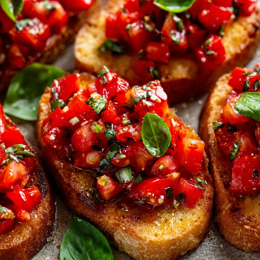 A close up of a tomato basil bruschetta.