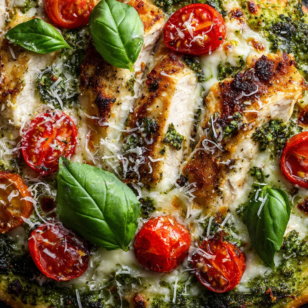 A Caprese grilled chicken pizza with tomatoes and basil.