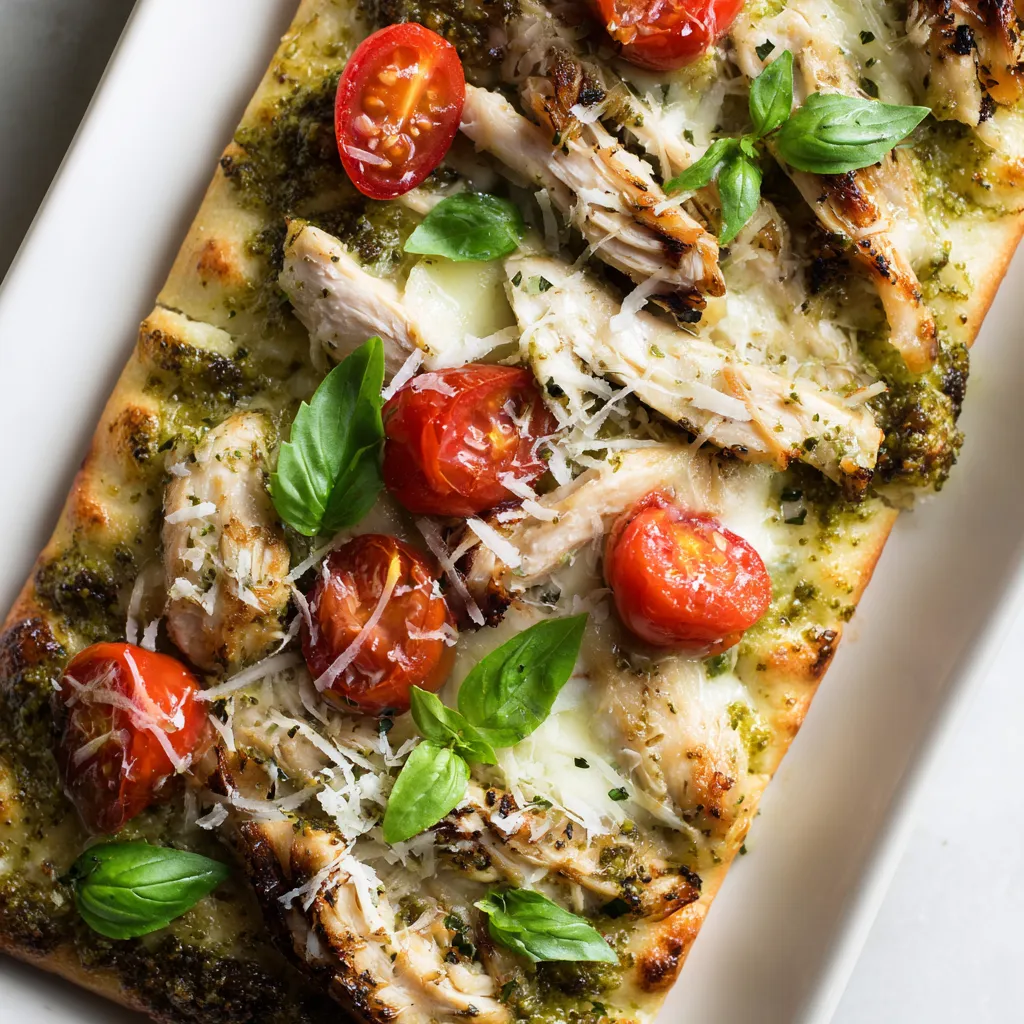 A pizza with chicken and tomatoes.