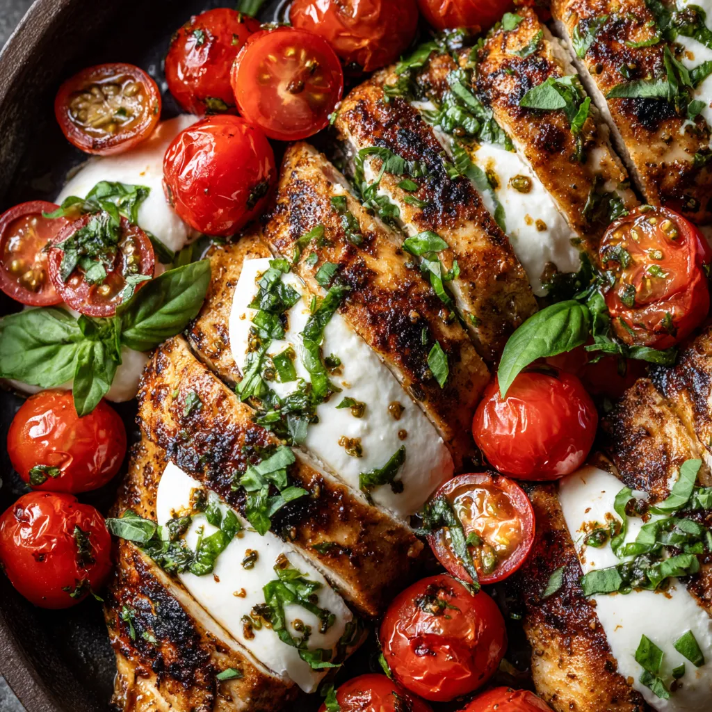 Caprese grilled chicken with tomatoes and basil.