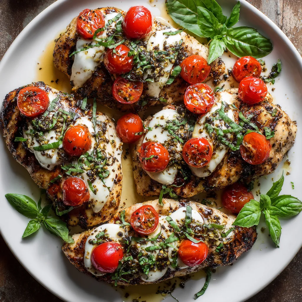 A plate of chicken with tomatoes and basil.