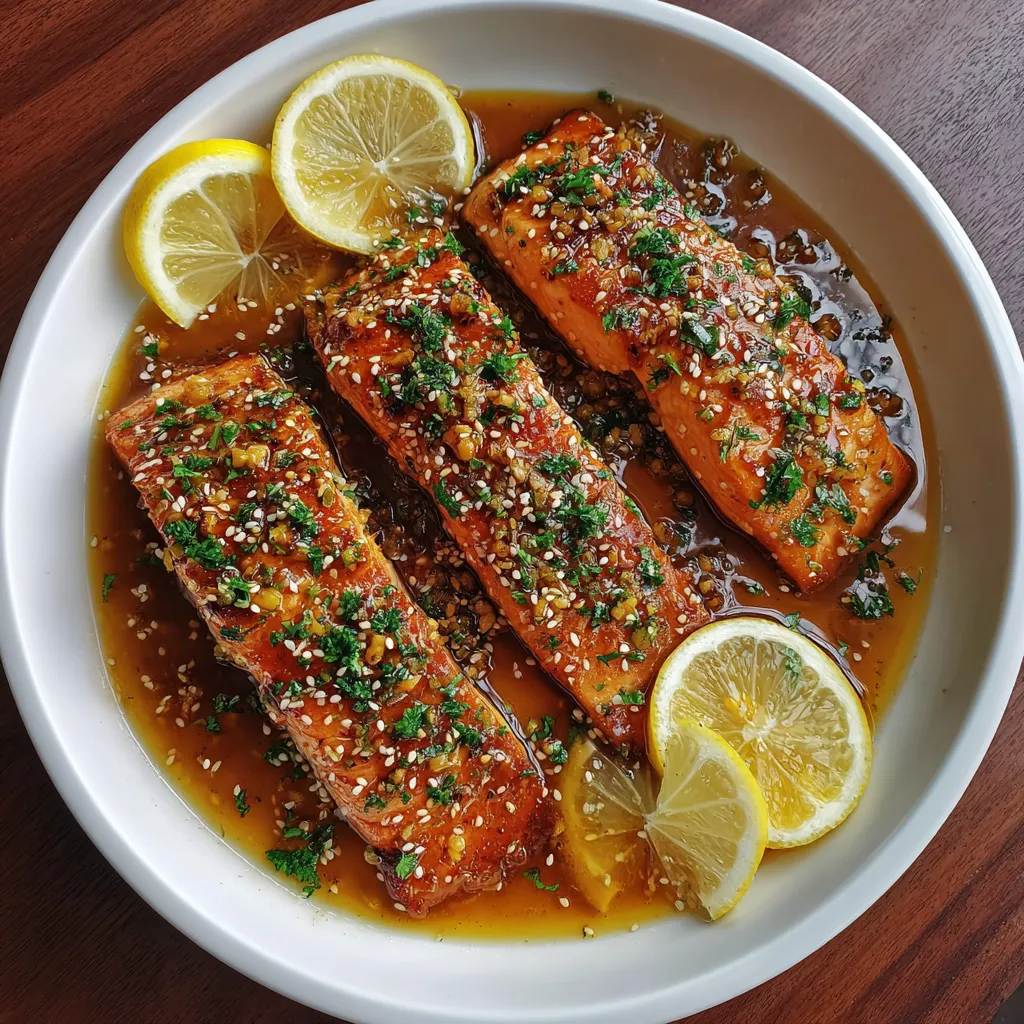 A plate of fish with lemon slices on top.