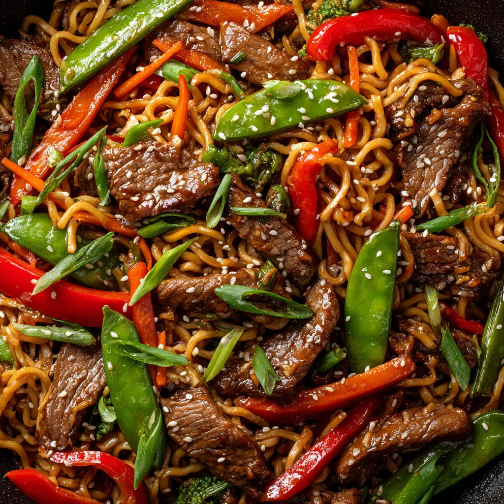 A close up of a stir fry with meat, peppers, and broccoli.