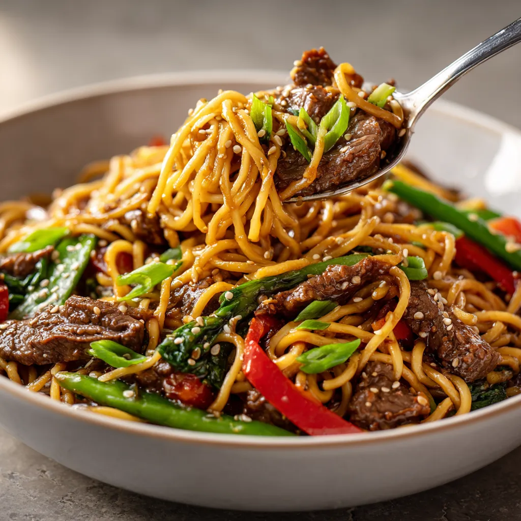 A bowl of noodles with meat and vegetables.