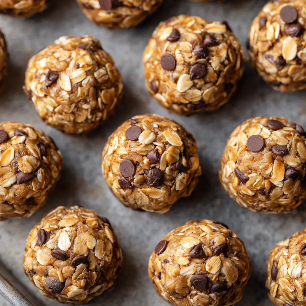 A tray of chocolate chip granola balls.