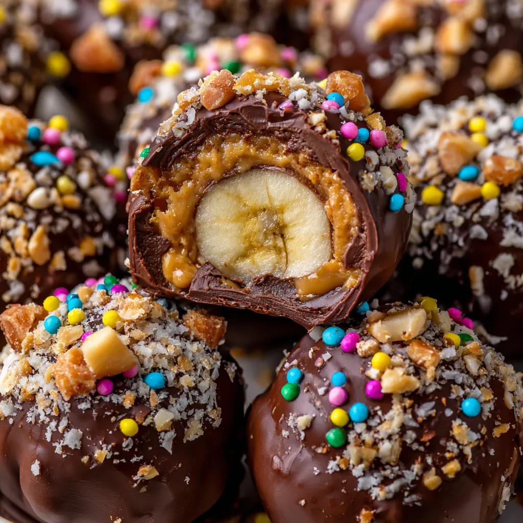Chocolate covered banana bites with sprinkles.