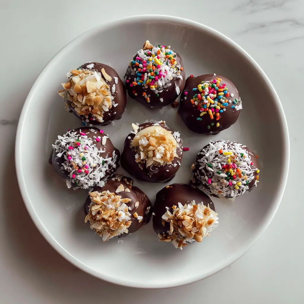 A plate of chocolate covered marshmallows.