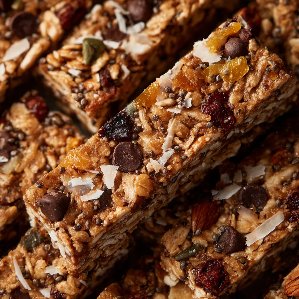 A close up of a granola bar with chocolate chips.