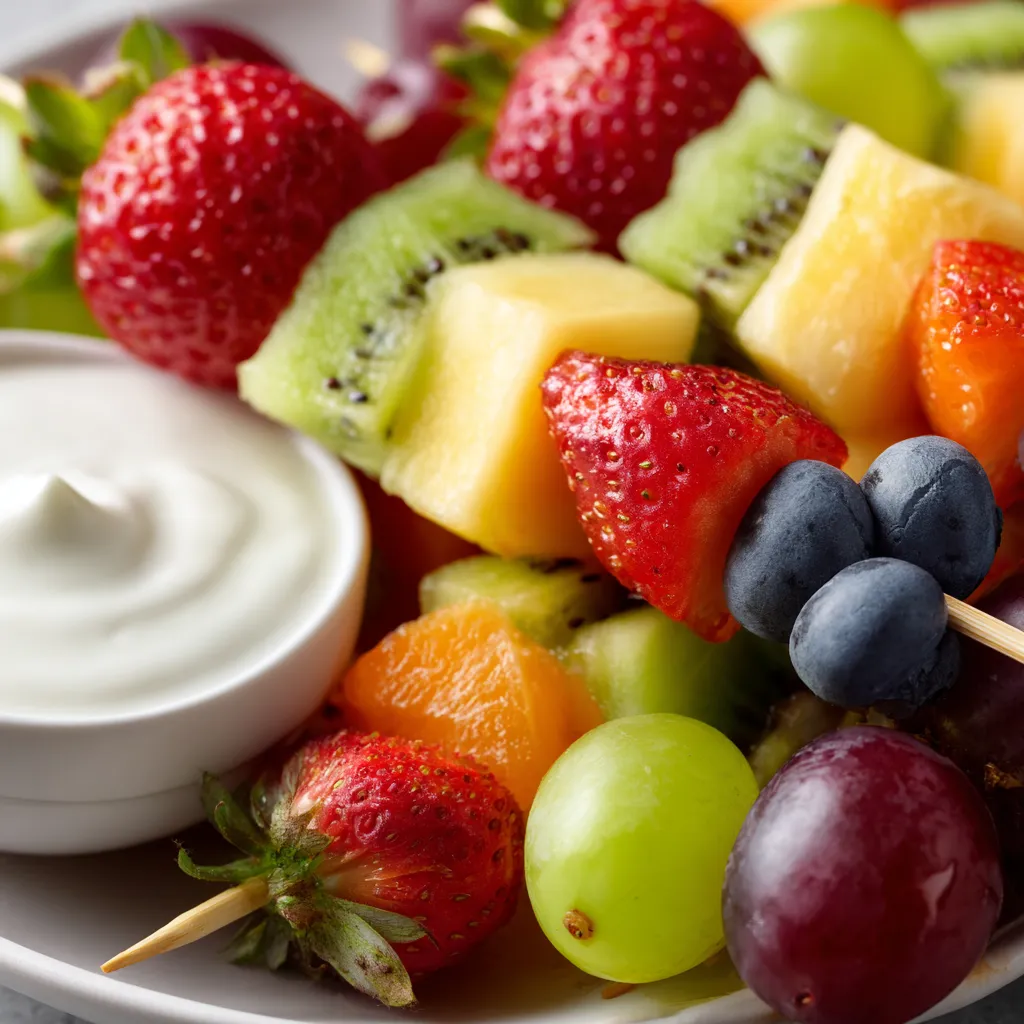 A plate of fruit skewers with yogurt dip.