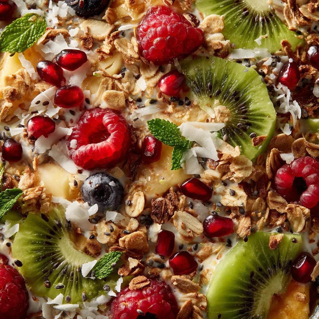 A colorful exotic smoothie bowl with various fruits and nuts.