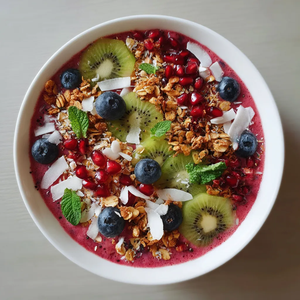 A bowl of fruit with kiwi, blueberries, and raspberries.