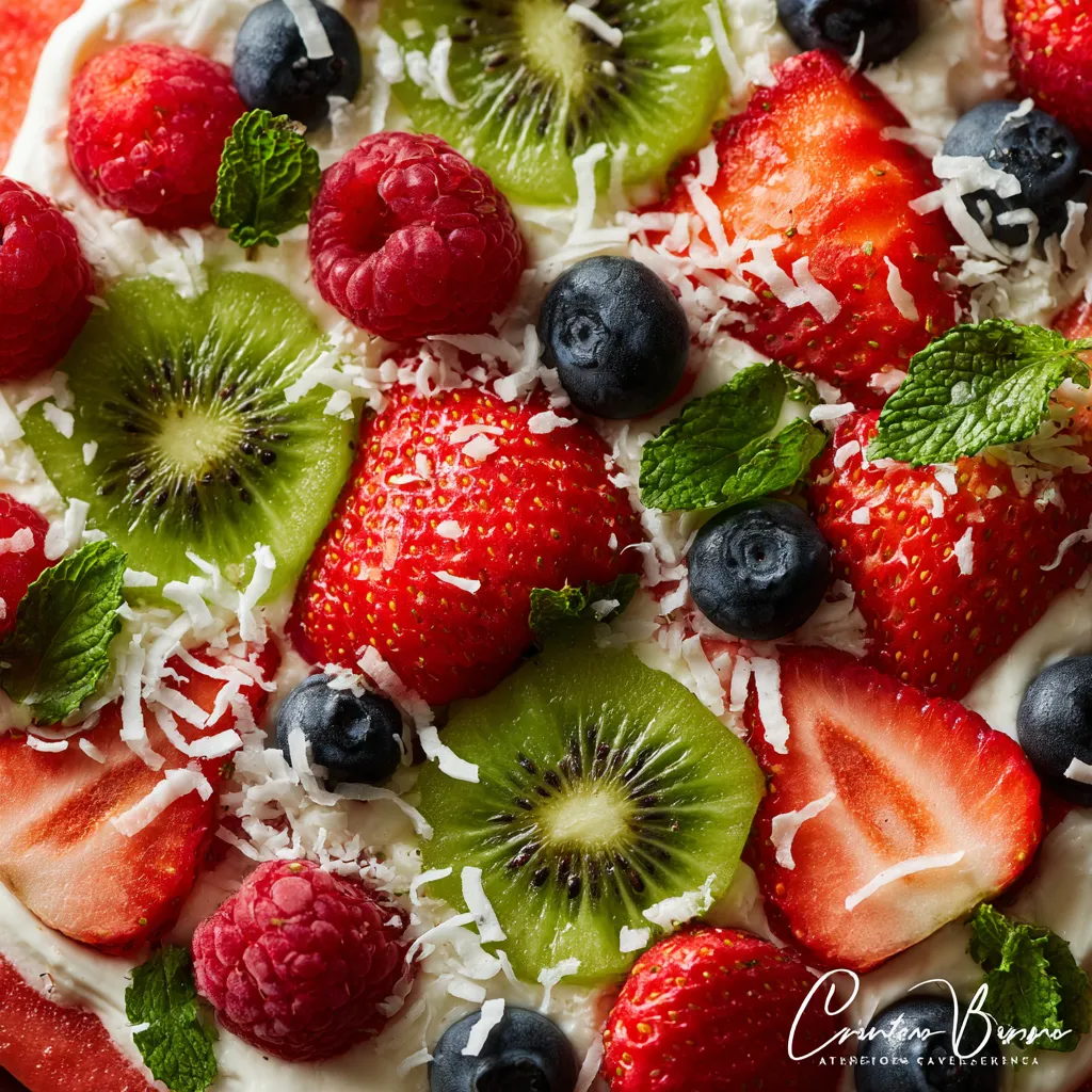 A slice of watermelon pizza with blueberries and kiwi.