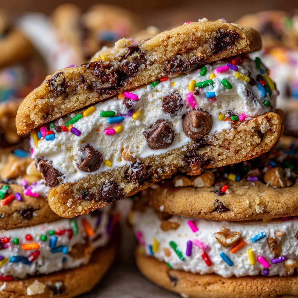 Ice cream sandwiches with chocolate chip cookies and white frosting.