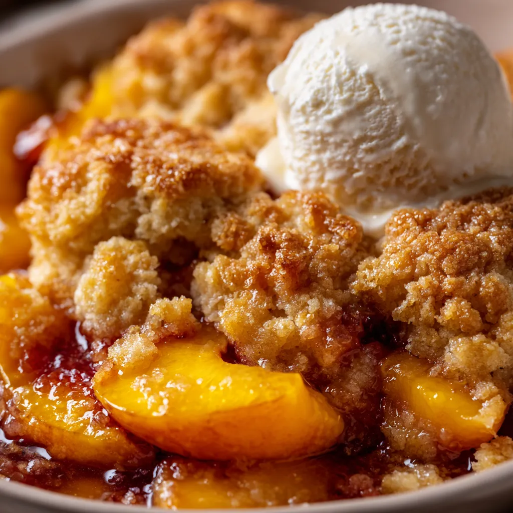 A bowl of peach cobbler with a scoop of ice cream on top.
