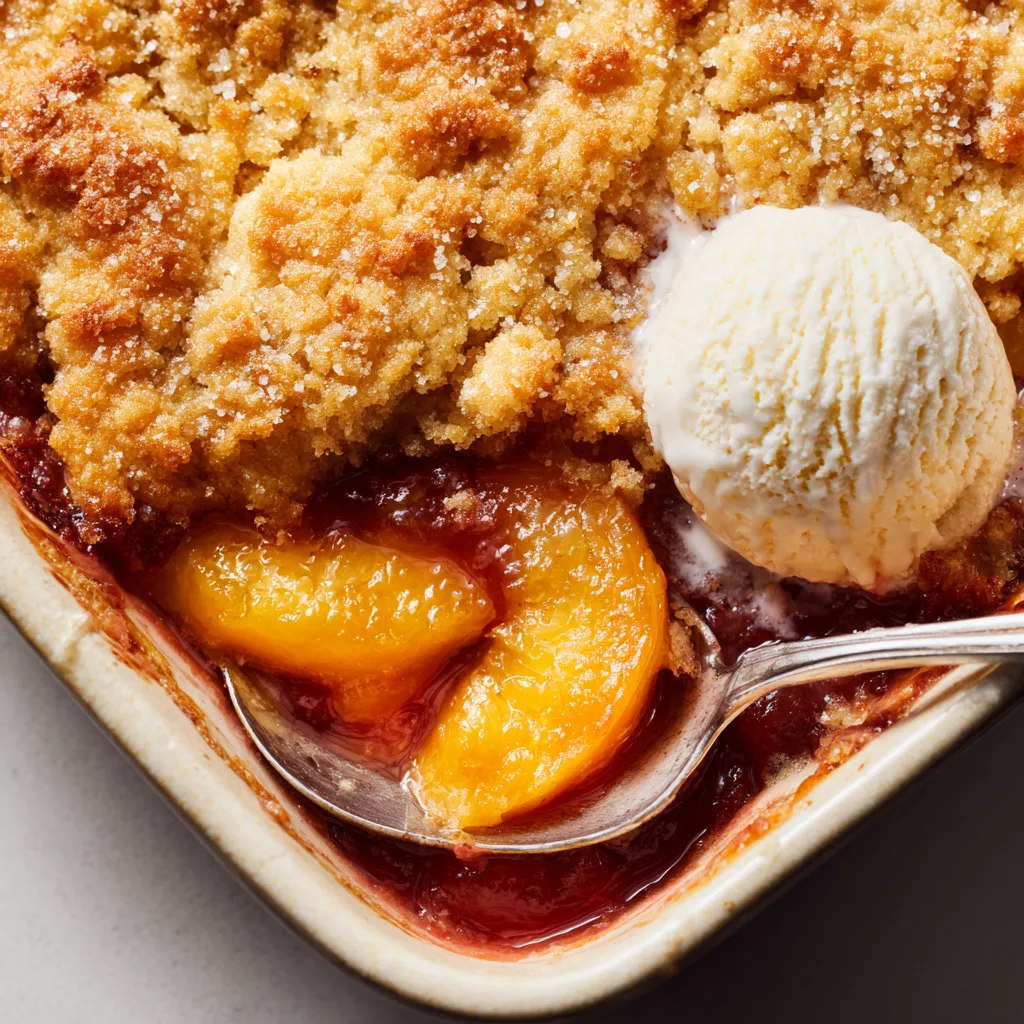 A bowl of peaches with a scoop of ice cream.