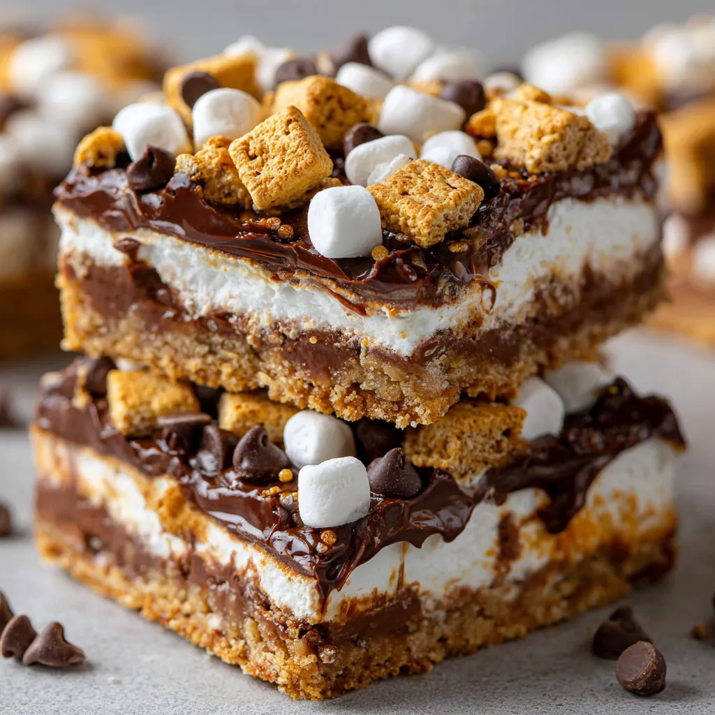 A stack of three no-bake s'mores bars.