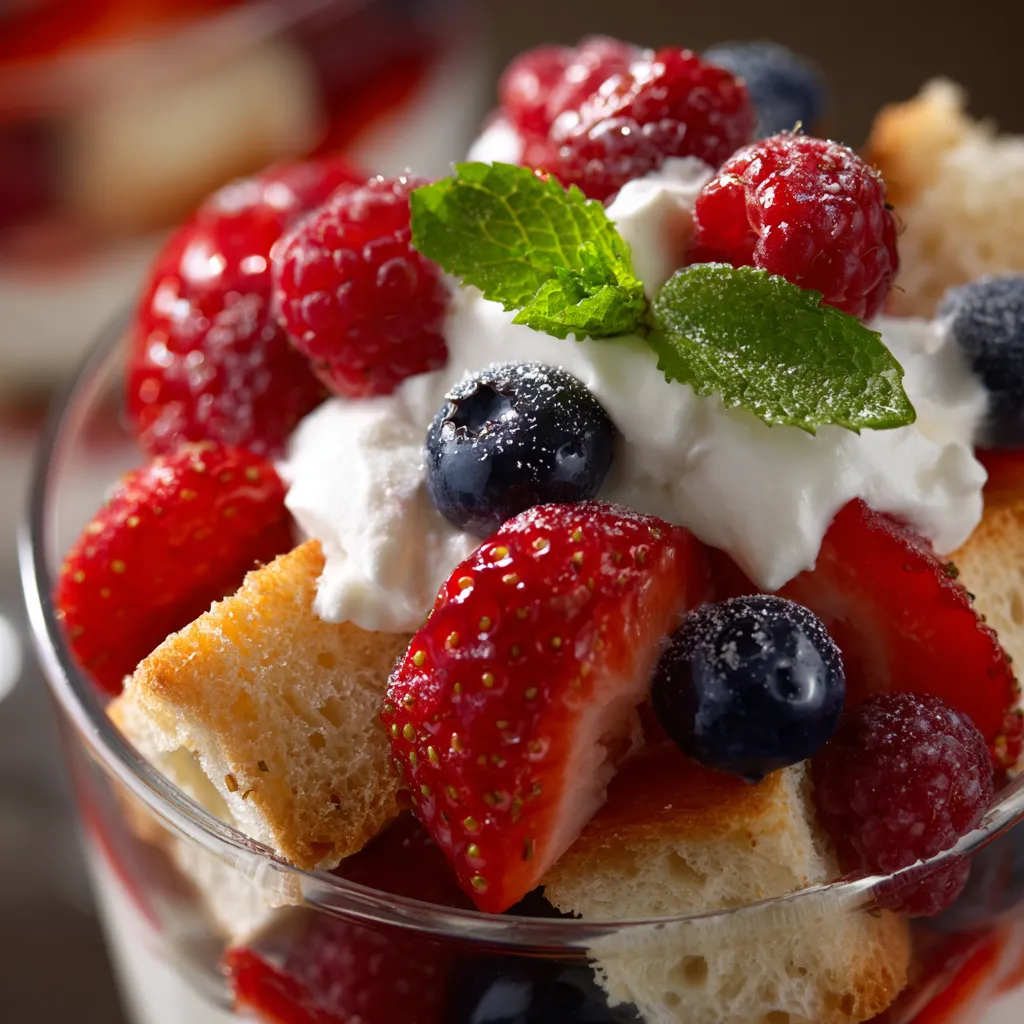 A bowl of berry trifle cups with strawberries and blueberries.