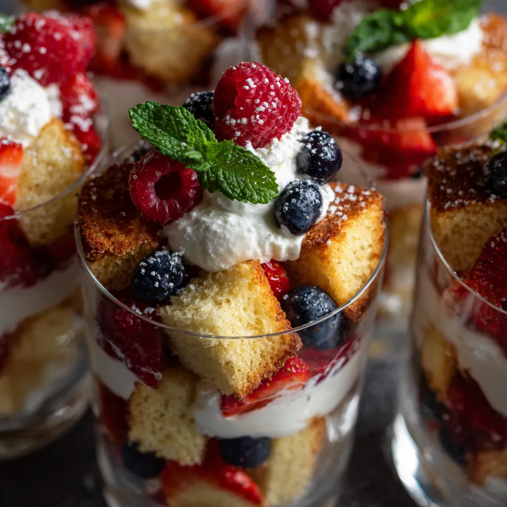 A glass of cake with blueberries and raspberries.