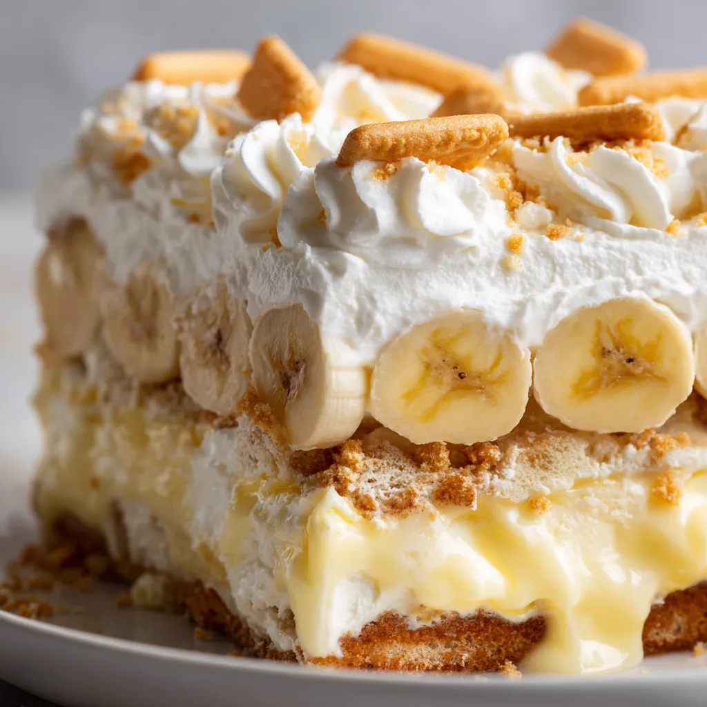 A slice of banana pudding with white whipped cream.