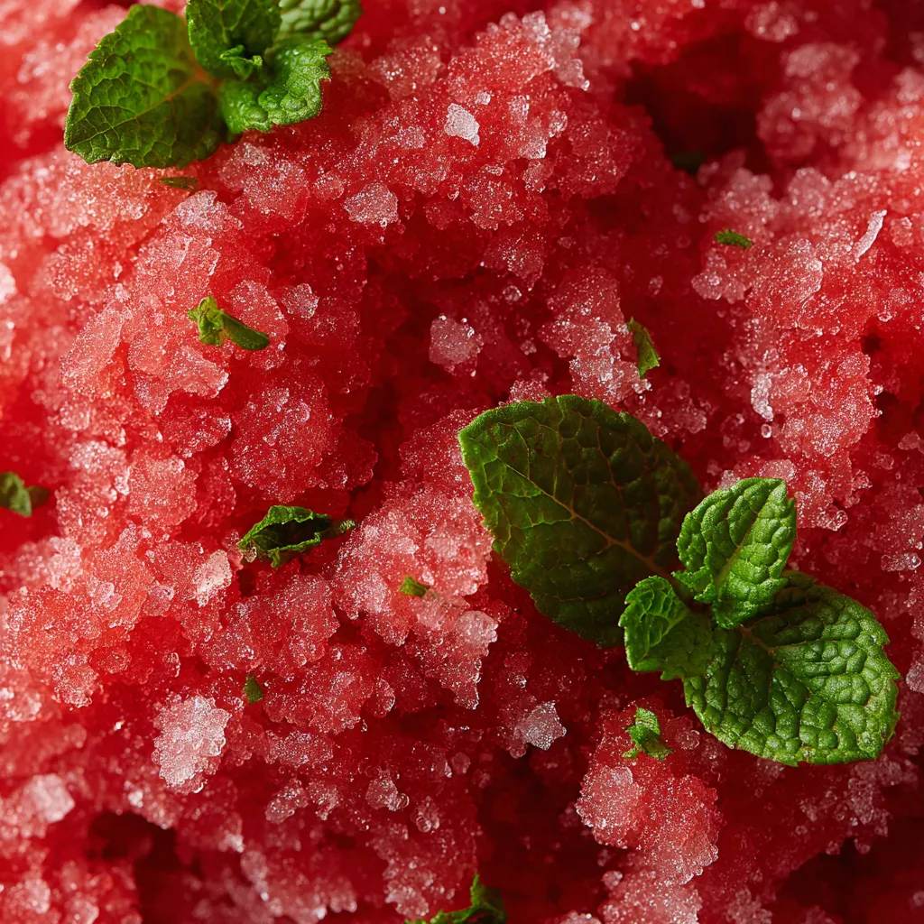 A close up of a watermelon with mint leaves on top.
