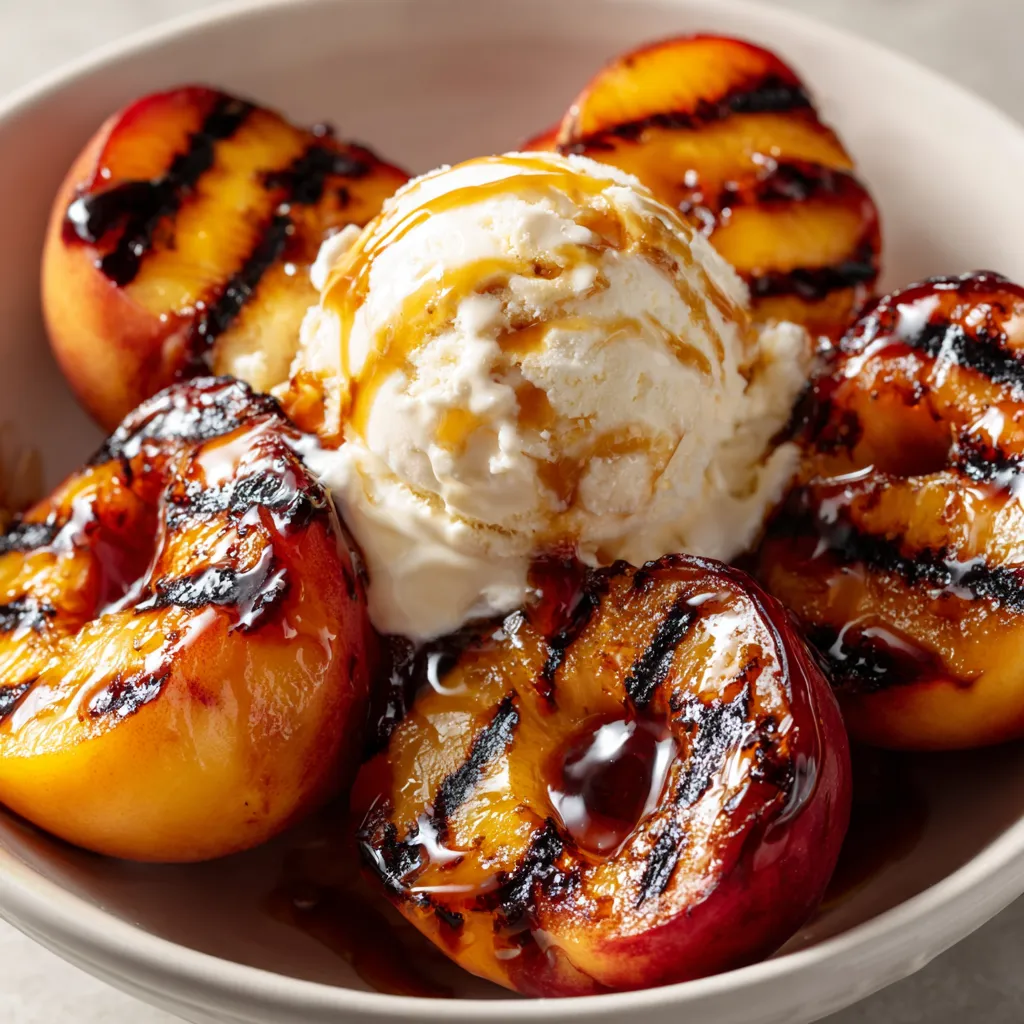 A bowl of grilled peaches with honey and vanilla ice cream.