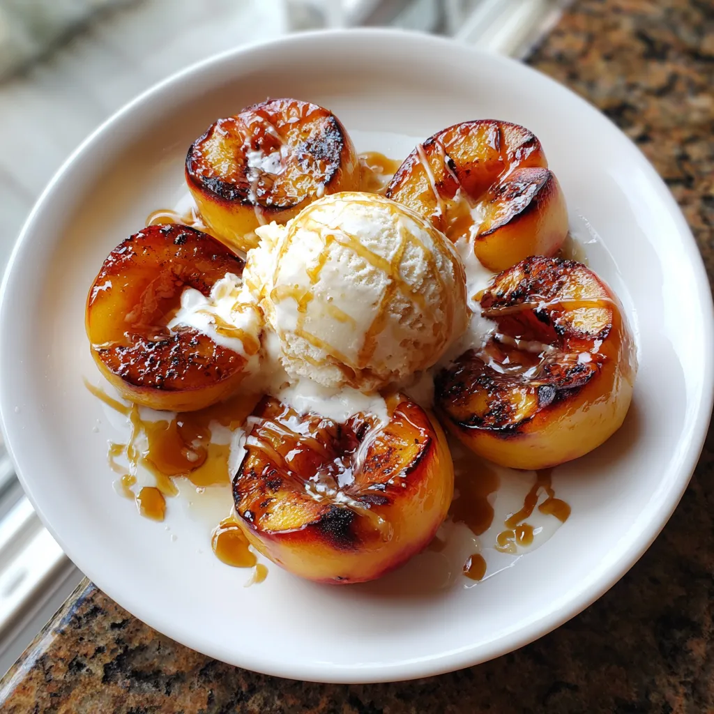 A plate of peaches with ice cream.