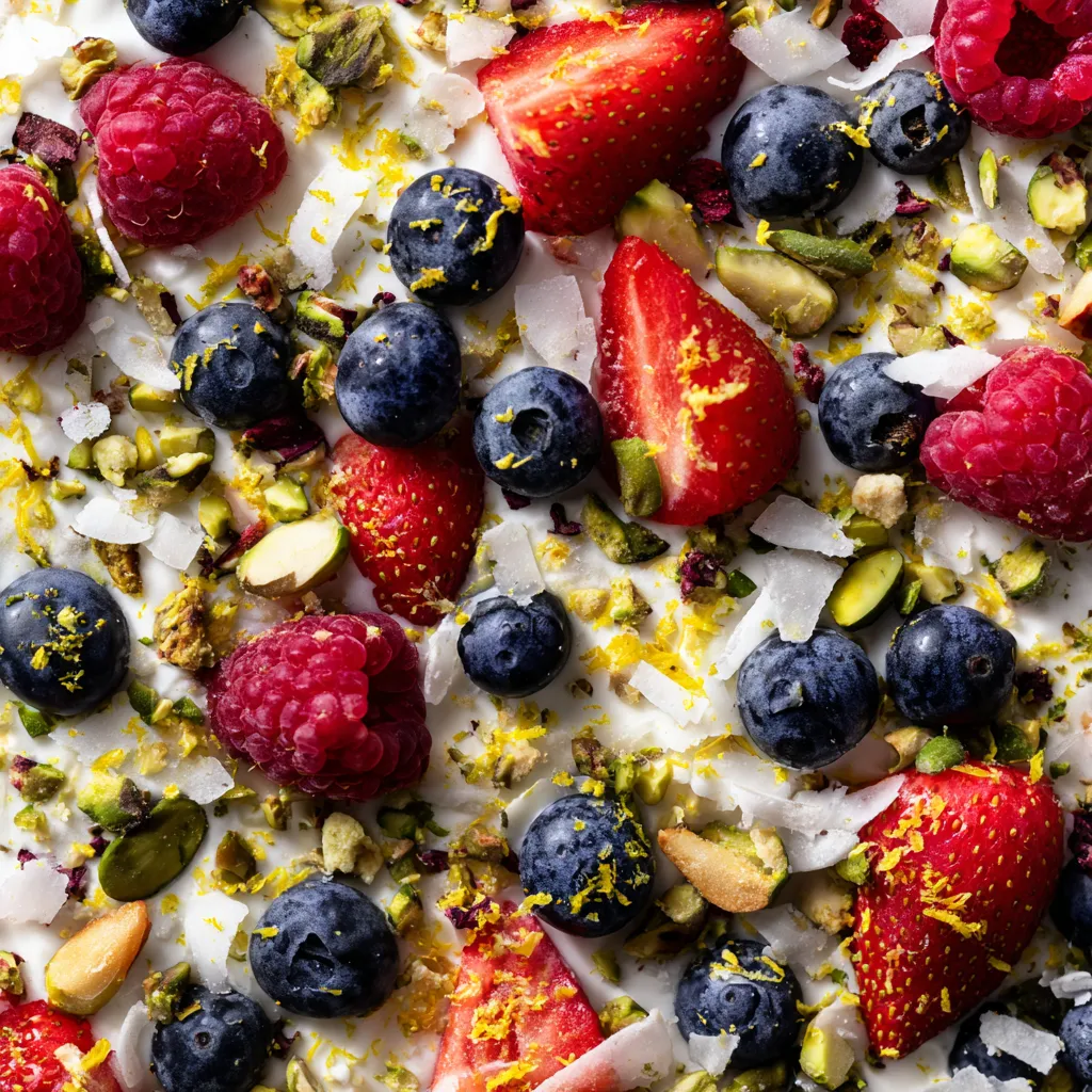 A close up of a frozen yogurt bark with berries.