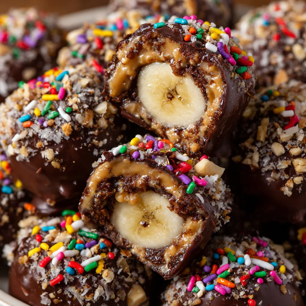 Chocolate covered banana bites with sprinkles.