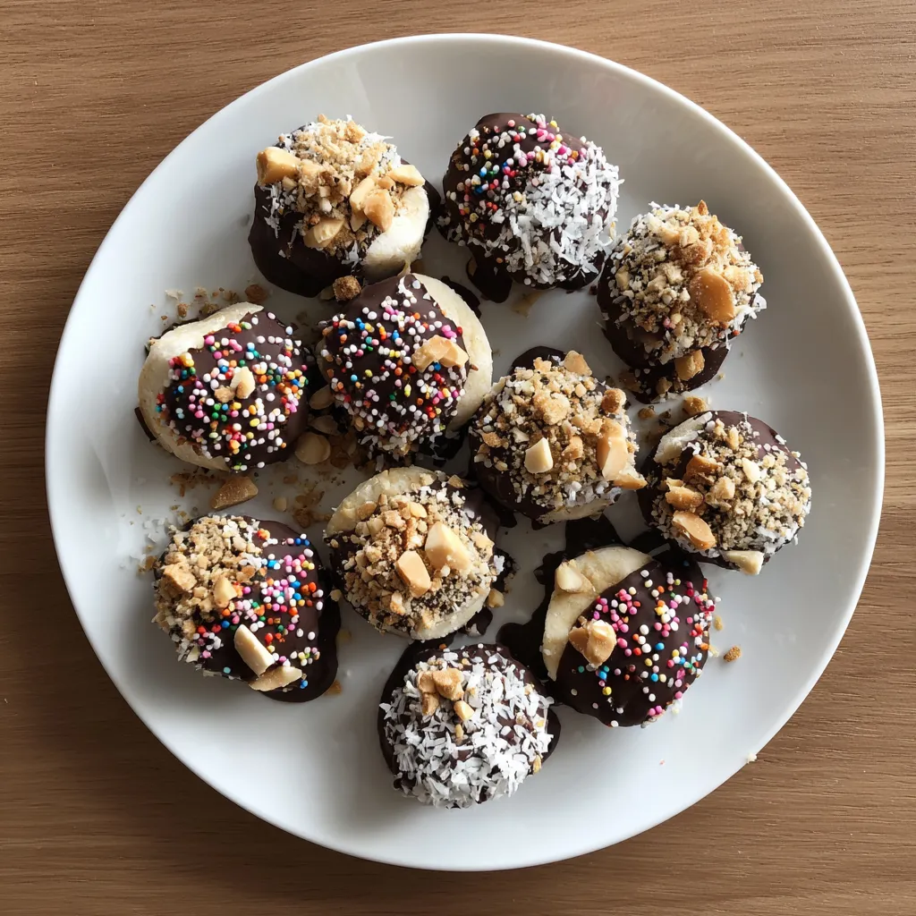 A plate of chocolate covered bananas with nuts.