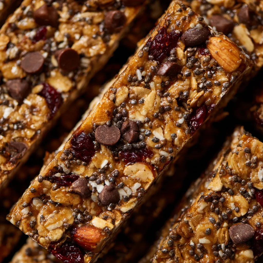 A close up of a granola bar with chocolate chips.