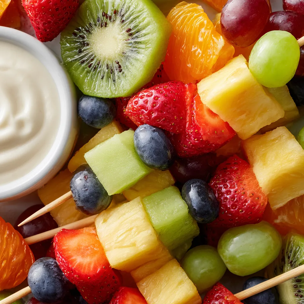 A plate of fruit skewers with yogurt dip.